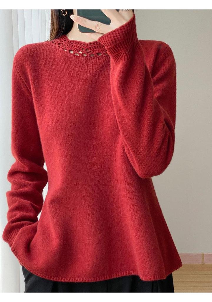 Women's 100% Mercerized Pure Wool Round Neck Pullover Sweater - Handmade Crochet Slimming Knitwear