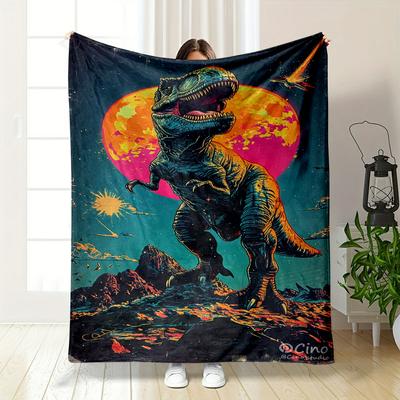 Retro Dinosaur Scene Under Neon Moon Warm Quilt- Flannel Blanket for Bedroom, Living Room, Sofa, and Nap.