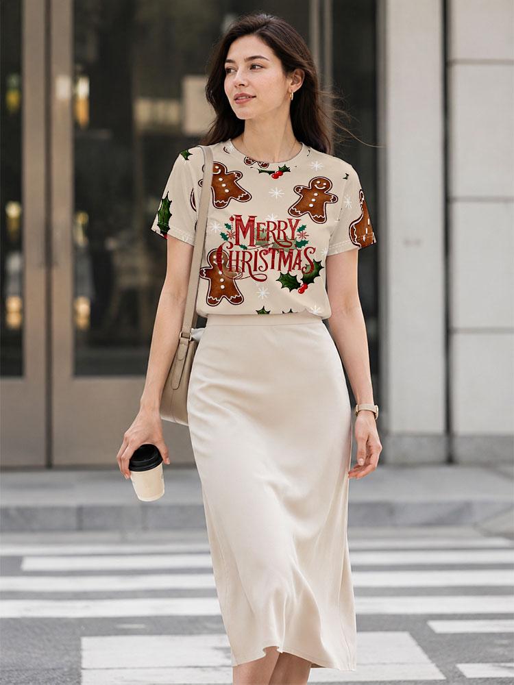 Women's O-Neck Short Sleeve T-Shirt, Polyester Casual Tee with 2D Christmas Gingerbread Man Print k-008