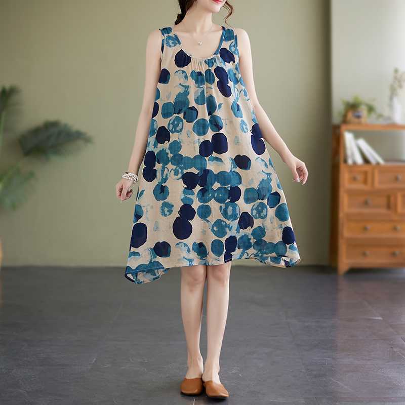 Plus-size Women's Summer Loose Strap A Line Skirt Sleeveless Crew Neck Print Dress