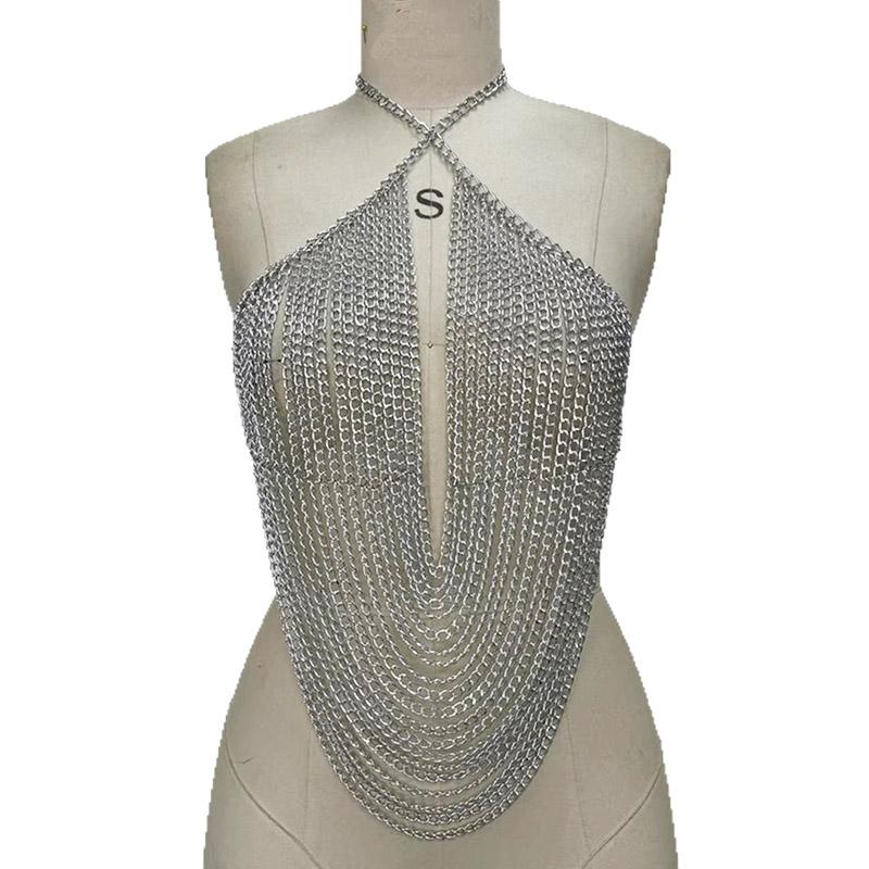 2026 New Handmade Women Aluminum Chainmail Halter Top Festival Rave Body Chain Female Sliver Layers Medieval Armor Chainmail Top