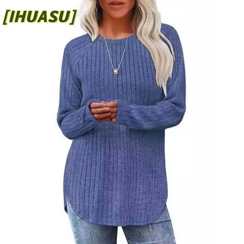 IHUASU Damenmode, lässig, einfarbig, langärmelig, O-Ausschnitt, Blusen und Hemden