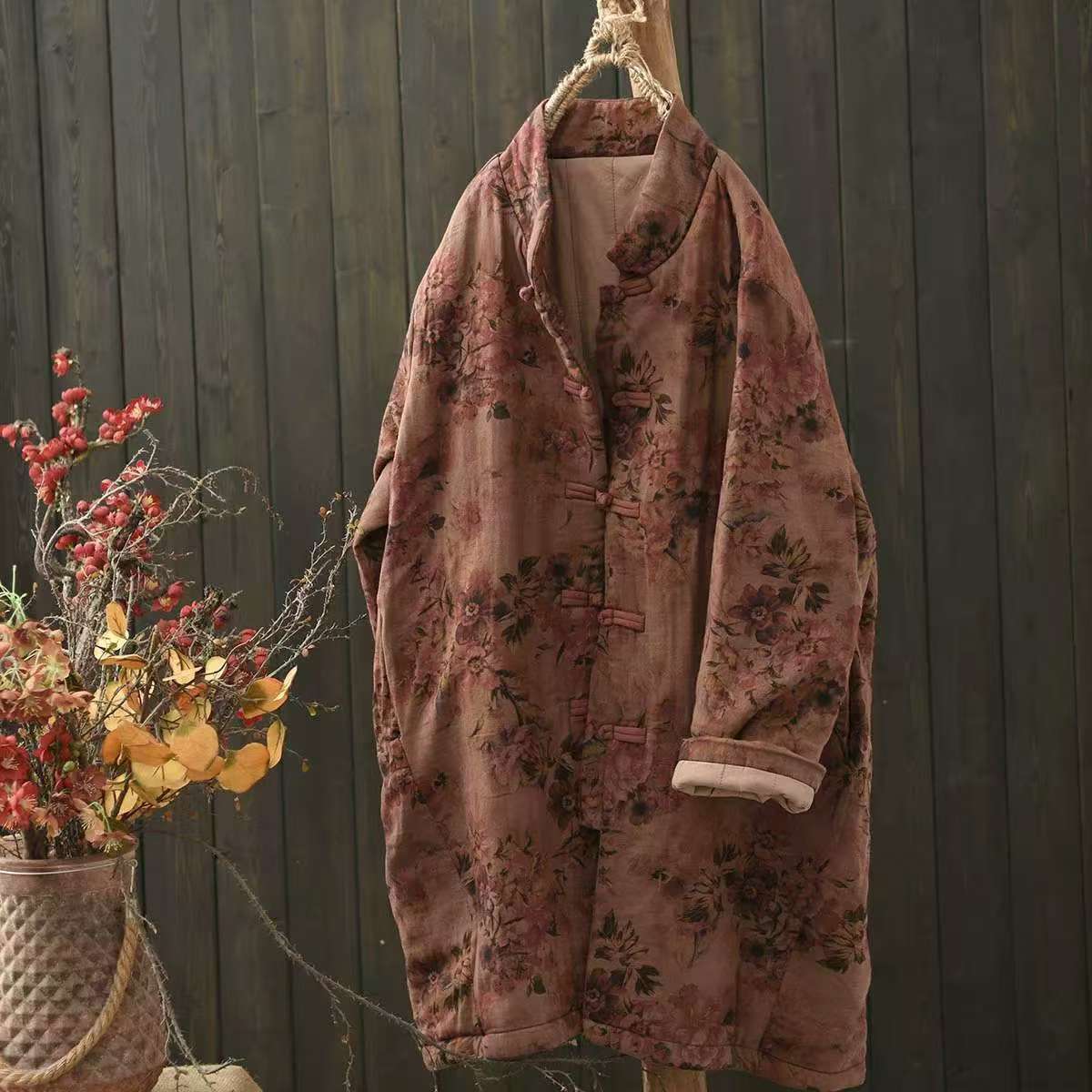 

Johnature Жіноча зимова мода з вінтажним принтом і пряжками, вільні однобортні повсякденні ретро-пальта в китайському стилі One Size червоний