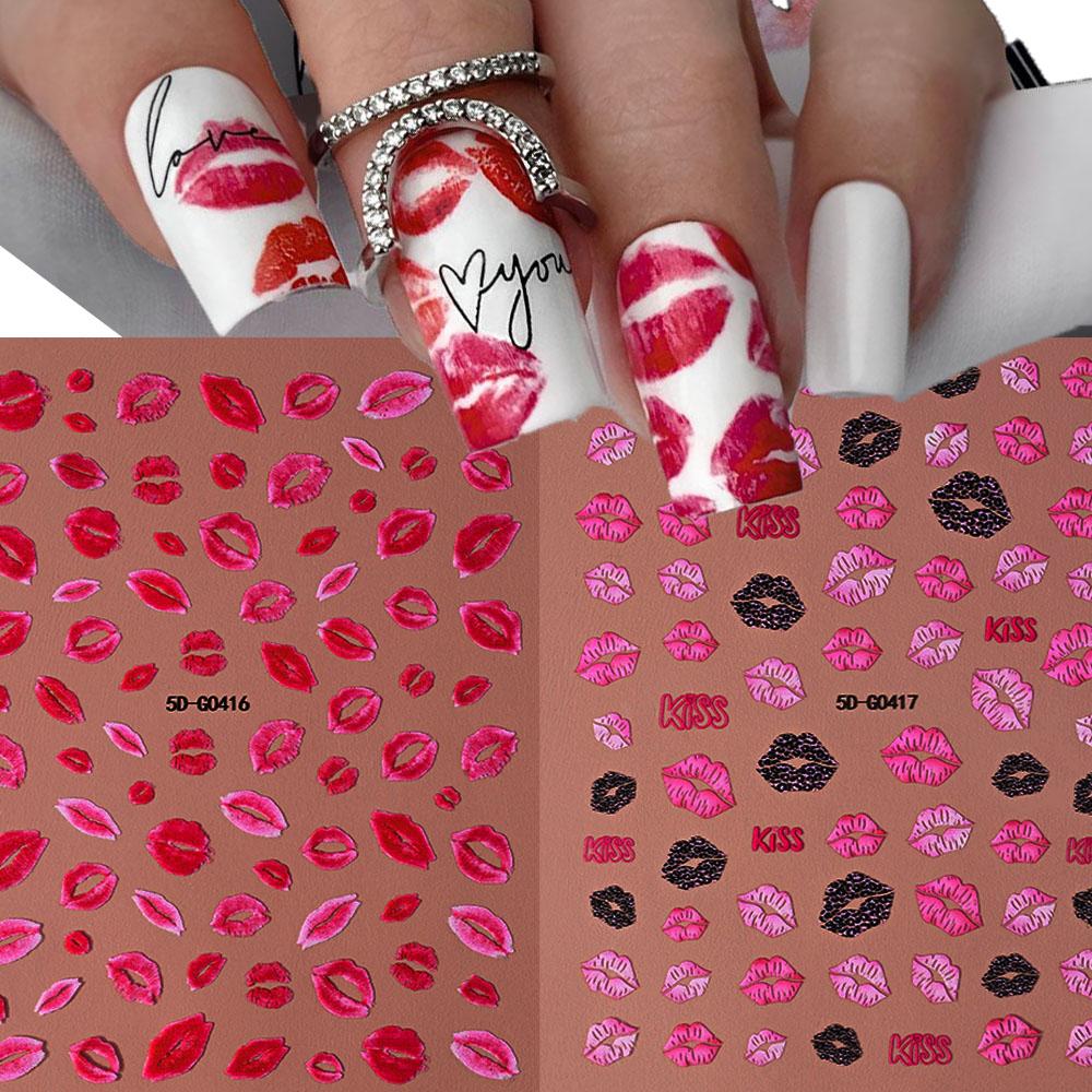 5D Embossed Sexy Red/Pink Lips Nail Stickers Self-Adhesive Blooming Red Lips Nail Decal Romantic Luxy Lady Lips Manicure Slider