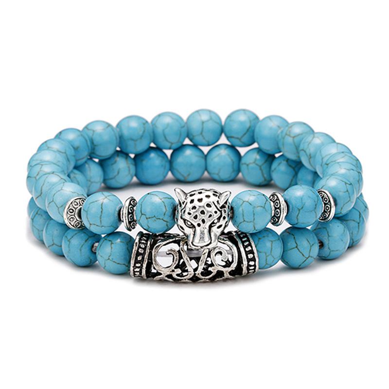 Unique 2Pcs Men Bracelet Set Natural Lava Stone Braslet Antique Leopard Animal Braclet Tiger Bead Brazalete Leisure Accessories
