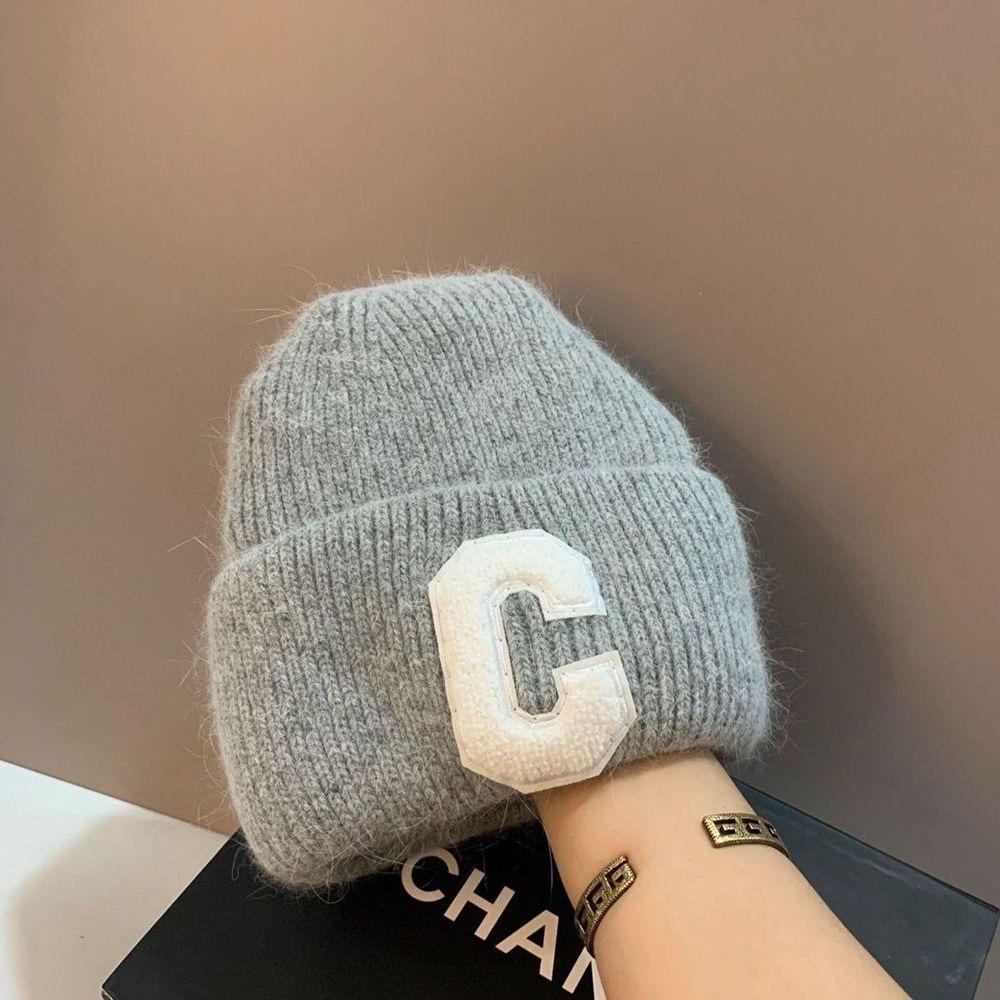 Knit Beanie Hat Angora Rabbit Hair Double Fold Letter C Rhinestone Winter Warm Soft Conical Skullcap Women