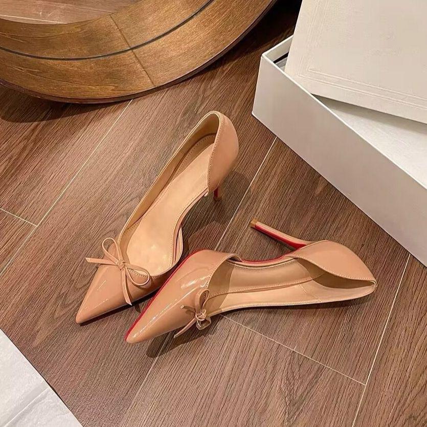 Pointed temperament single nude high heels red bottom bow patent leather side empty mouth sexy side empty socialite looking thin