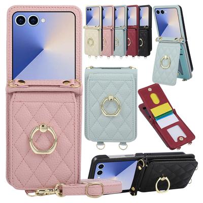 Grid Crossbody Phone Case for Samsung Z Flip 7 6 5 4 3 Flip7 Flip6 Flip5 Flip4 Flip3 Phone Cover Lanyard Phone Case Cards Slots