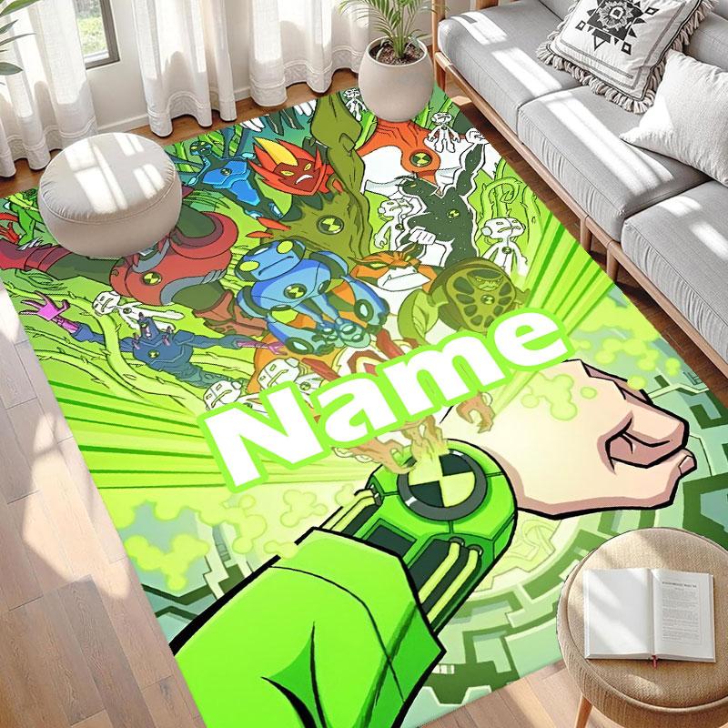 Custom Name Personalized Ben 10 Cartoon Print Carpet, Versatile Home Decor Rug, for Playroom, Apartment, Balcony, Entryway, Hallway Gift