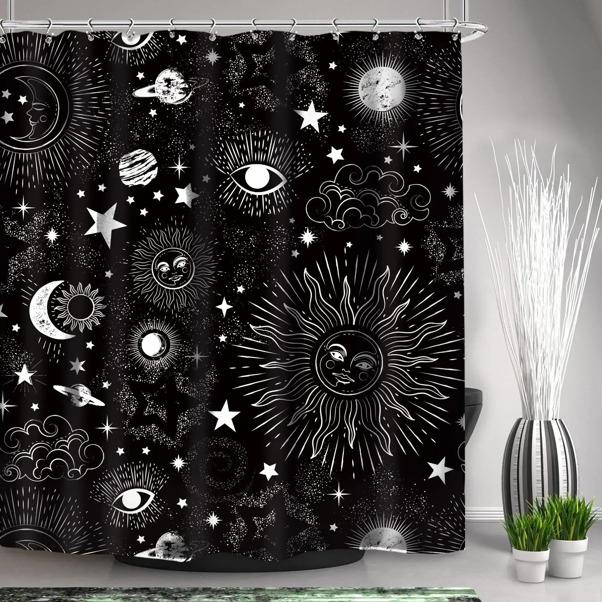 

Shower Curtain Moon Star Black and White Waterproof Polyester Fabric Bathroom Curtains Home Decor Hooks 90x180cm-35x70in