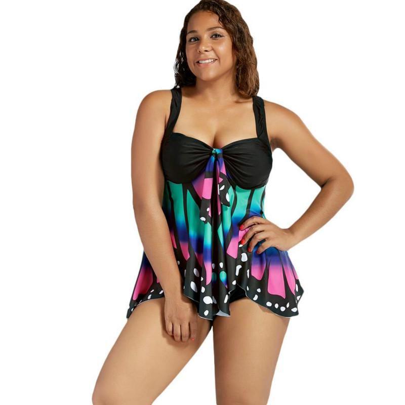 Übergröße Damen Schmetterlingsdruck Hohe Taille Blouson Tankini Stilvolle Bademode für Jeden Anlass
