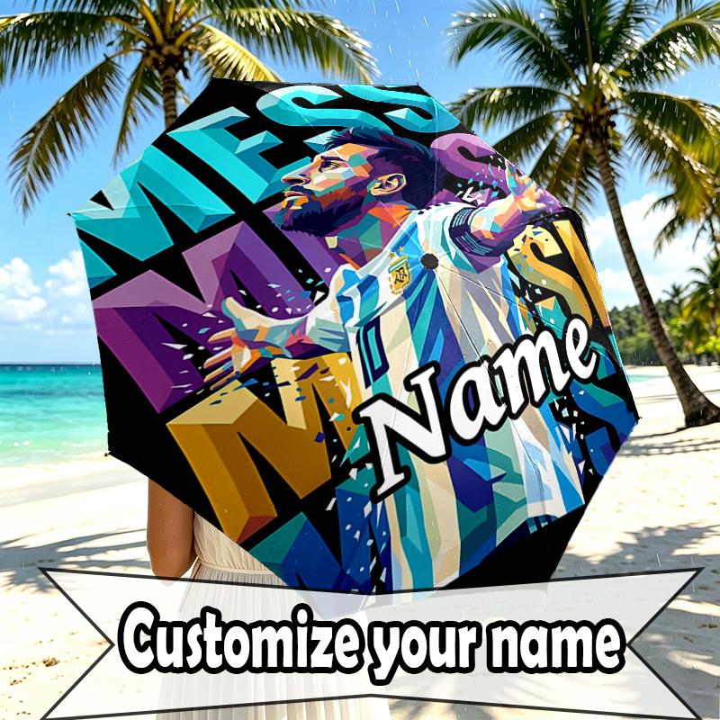 Custom Name Personalized Lionel Messi Print Umbrella, Auto Open Close, 8‑Rib Sturdy Frame, Commute Camping Hiking Use, Birthday Gift