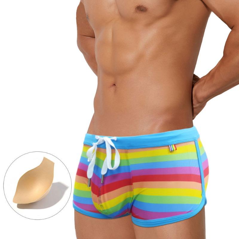 

Men s Color Strip Flat Angle Sexy Belt Cup Color Striped Swimming Trunks Sports Beach Quick-Drying Shorts Men s M