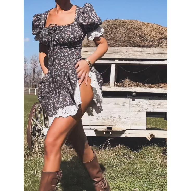 Elegante Vestido Floral de Encaje Francés Primavera Y Verano Mujer Cuello Cuadrado Commute Suave Hogar Viaje Casual Vestido Cintura Alta