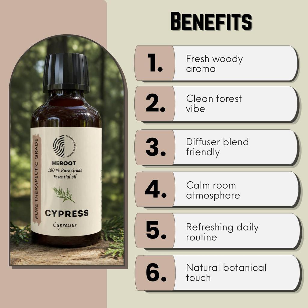 Heroot Ulei Esențial de Chiparos | Ulei Esențial de Cupressus Sempervirens | Ulei Aromatic Proaspăt Lemnos