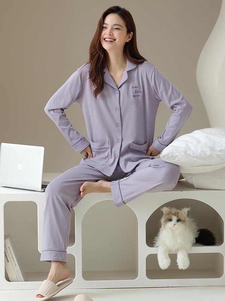 Couple's All-Cotton Long Sleeve Pajamas - Solid Color Cardigan Homewear for Men and Women, Ideal for Autumn and Winter.