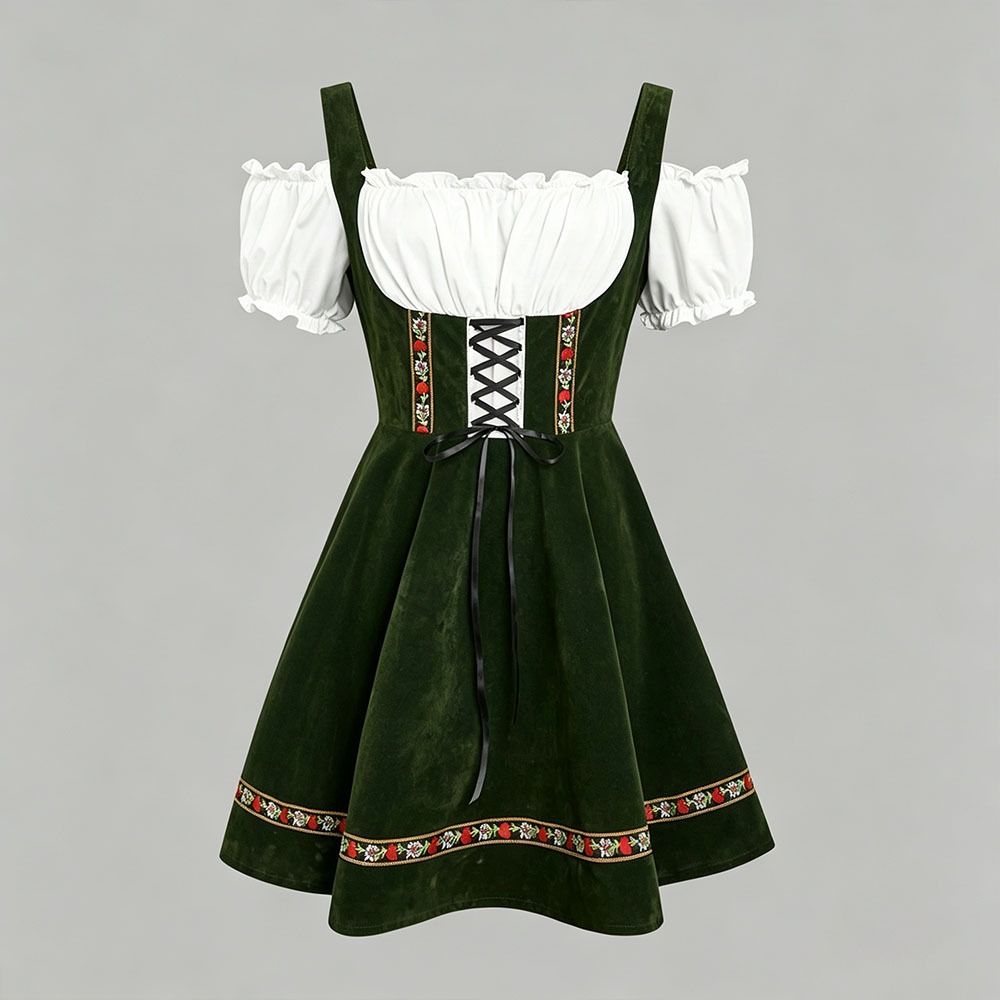 Ruffled Detail Bavarian Dirndl Dress Lace-Up Front Women’s Festival Dress Carnival Party