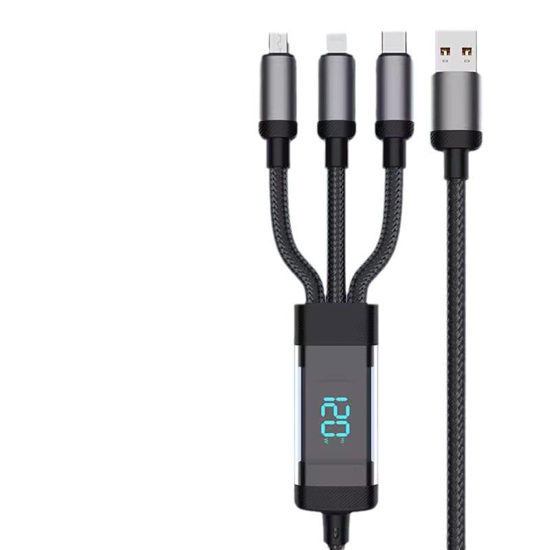 120W 3-in-1 Fast Charging Braided Data Cable for Huawei, Apple, and Type-C Devices with Digital Display
