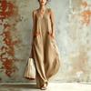 New V-neck sleeveless imitation hemp dress summer loose vacation style long dress beach casual solid color vest