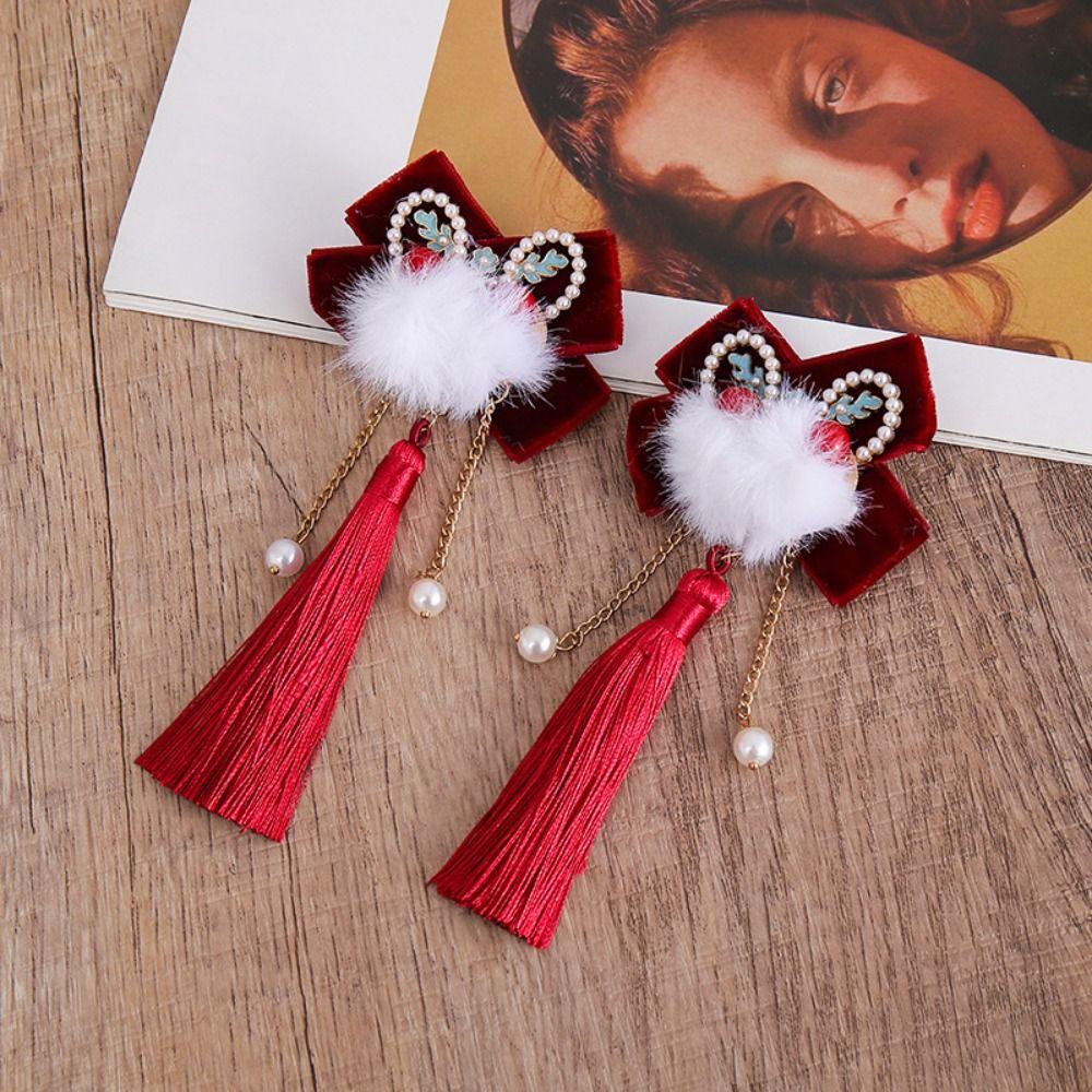 Plush Lion Dance Hairpin Cloth Hanfu Hair Clip Sweet Red Velvet Bow Hairpin  Girls