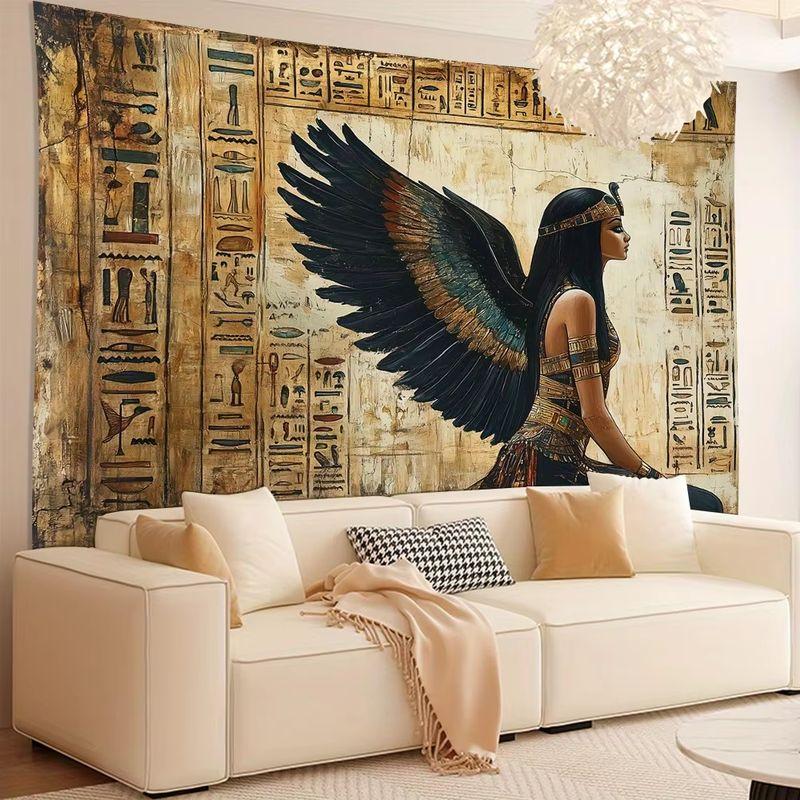 Ancient Egyptian Goddess Tapestry Hieroglyphs Winged Maat Wall Hanging Vintage Retro Decor for Bedroom Dorm