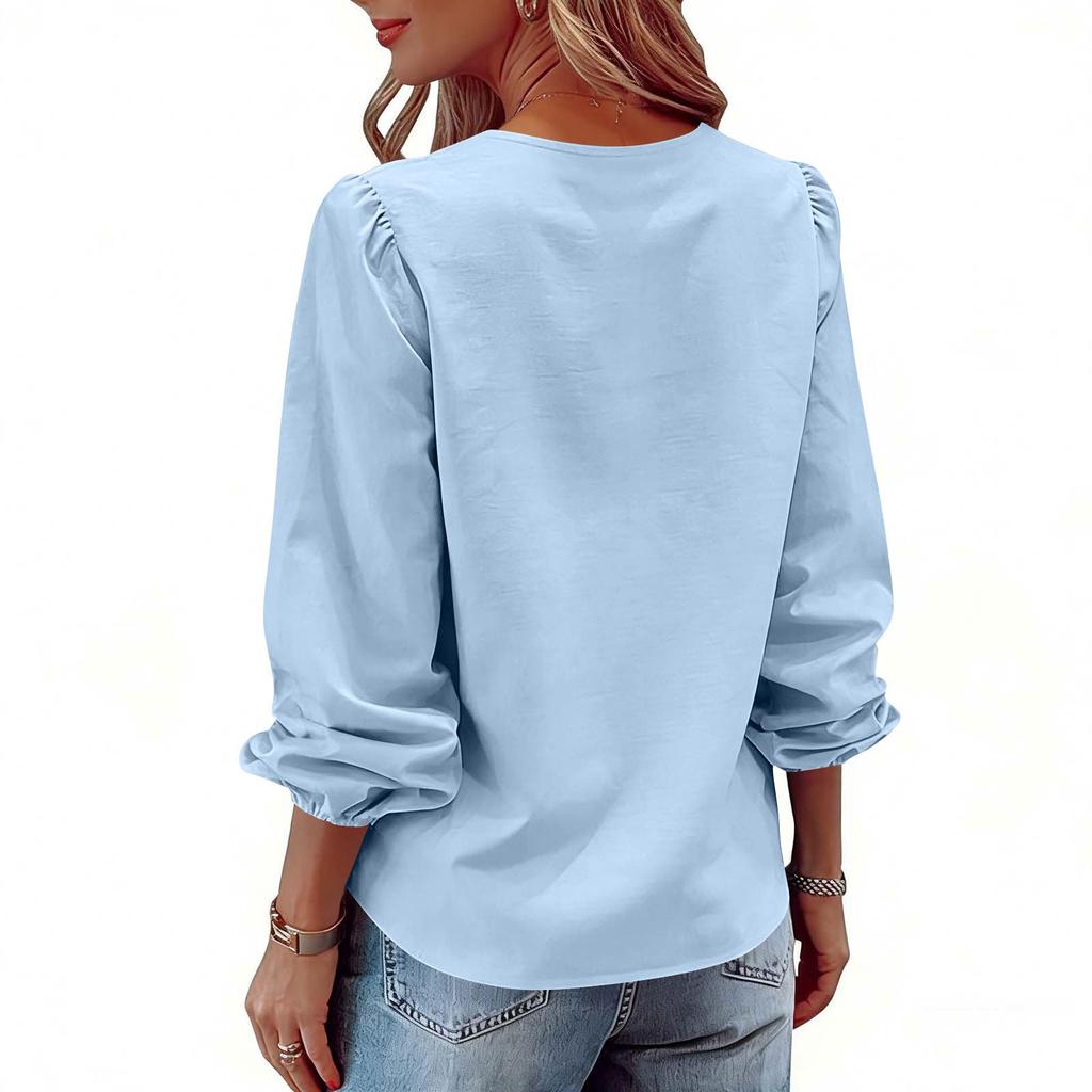Modisches Damen Color V-Ausschnitt Langarm Plissiert Knopf Locker Lässiges Hemd Top