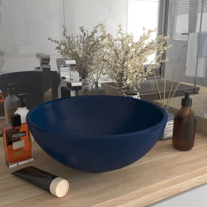VidaXL Lavabo Rond de Luxe de Salle de Bain Vasque à Poser de Toilette Lave-mains Salle Cosmétique Intérieur Bleu Foncé Mat 146968