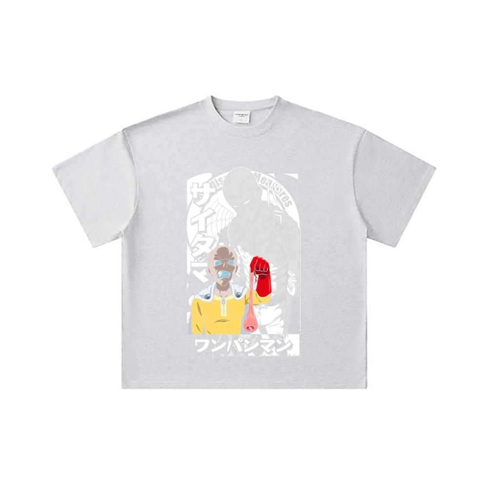 260 GSM Double Yarn 32 Count 100% Cotton One Punch Man V6 Saitama Print Unisex Heavy Cotton T Shirt