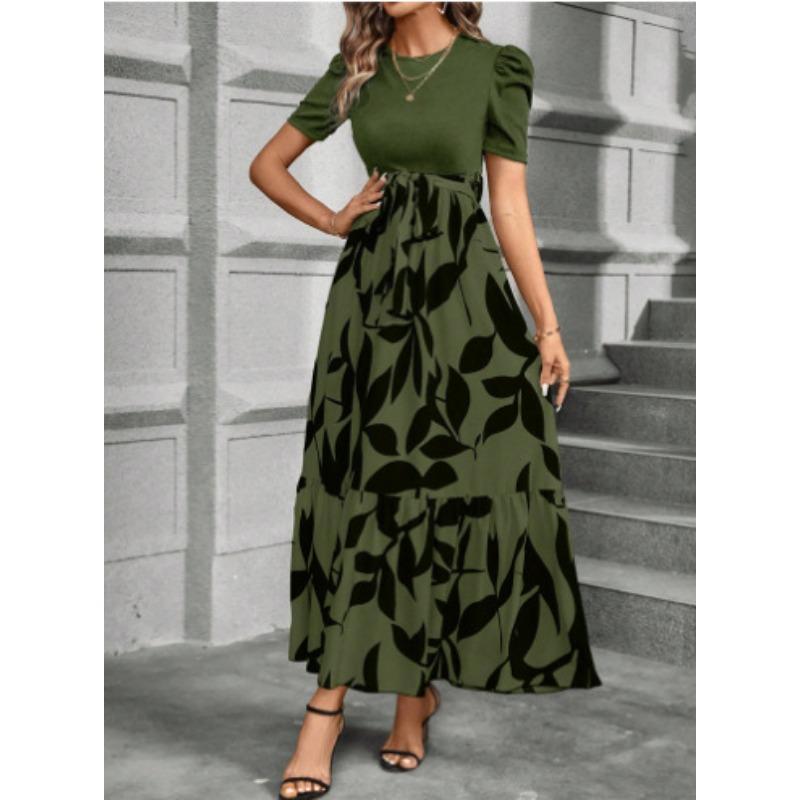 2026 Spring Summer Short Sleeve Floral Printing Elegant Dress Crew Neck Fashion Splicing Vacation Style Casual A-line Party Dress Slim Women Clothing