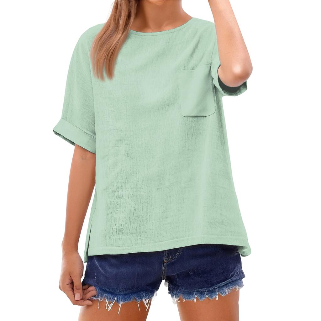Fashionable Color Short Sleeve T-Shirt With Pocket Design, Fashionable Round Neck Lightweight Top For Women