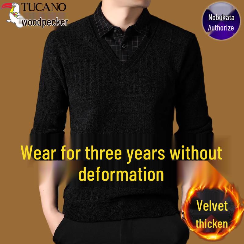 Woodpecker Men's Fleece-Lined Two-Piece Chenille Sweater with Shirt Collar