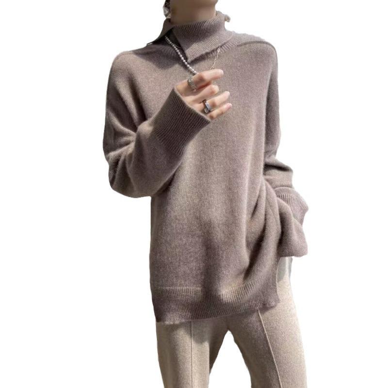 Autumn and Winter New High Lapel Collar Diagonal Split Fork Women's Versatile Loose Pullover Shoulder Sleeve Bottoming Knitted Sweater