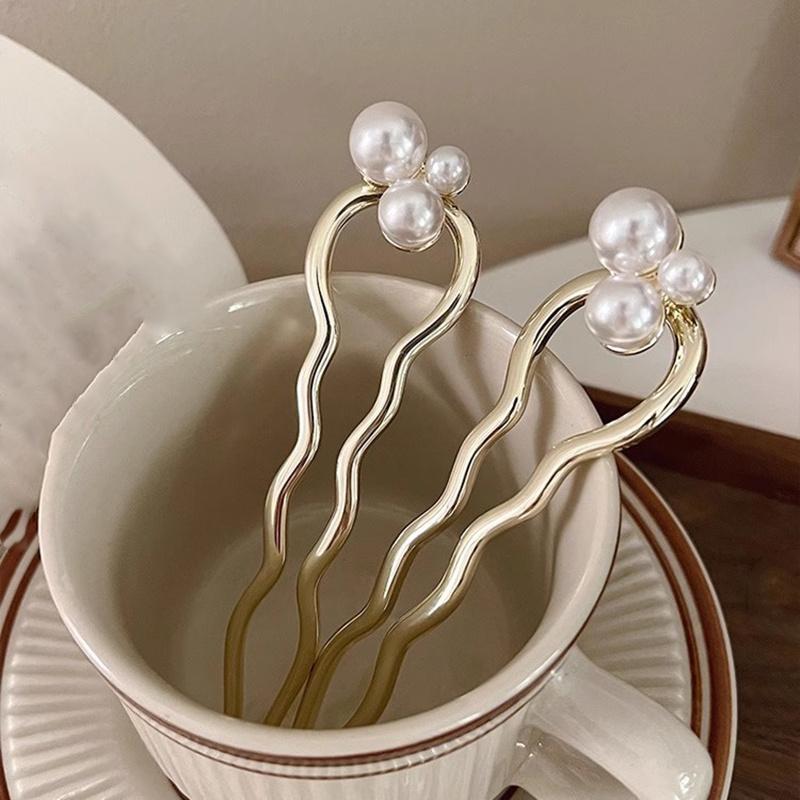 Chinese Style Faux Pearl Wave U-shaped Hairpin, Metal Golden Hair Stick, Bun Headwear