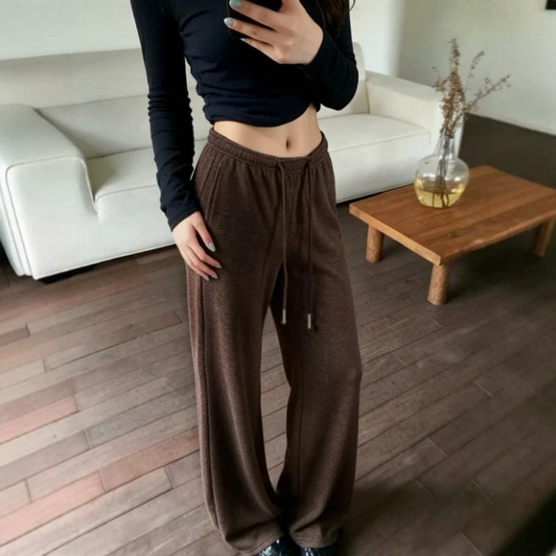 Womens High-Waisted Wide-Leg Casual Pants Coffee Color Loose Fit Straight Cut 2026