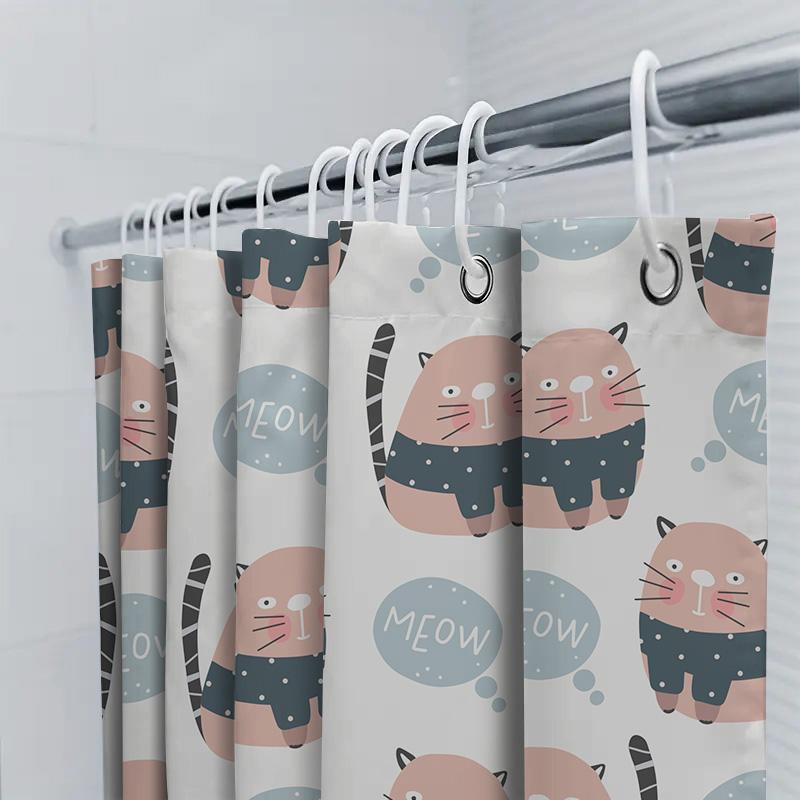 Whimsical Cat Shower Curtain Pink Black Striped Feline Print Polyester Fabric Waterproof Home Decor Item For Bathroom