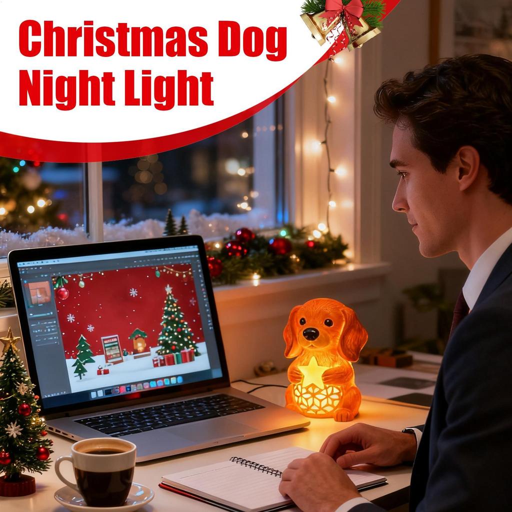 Christmas Dog Lamp LED Night Light Ambient Lighting Decor Gift for Nursery Bedroom Living Room Desk Bedside Table Shelf Decor
