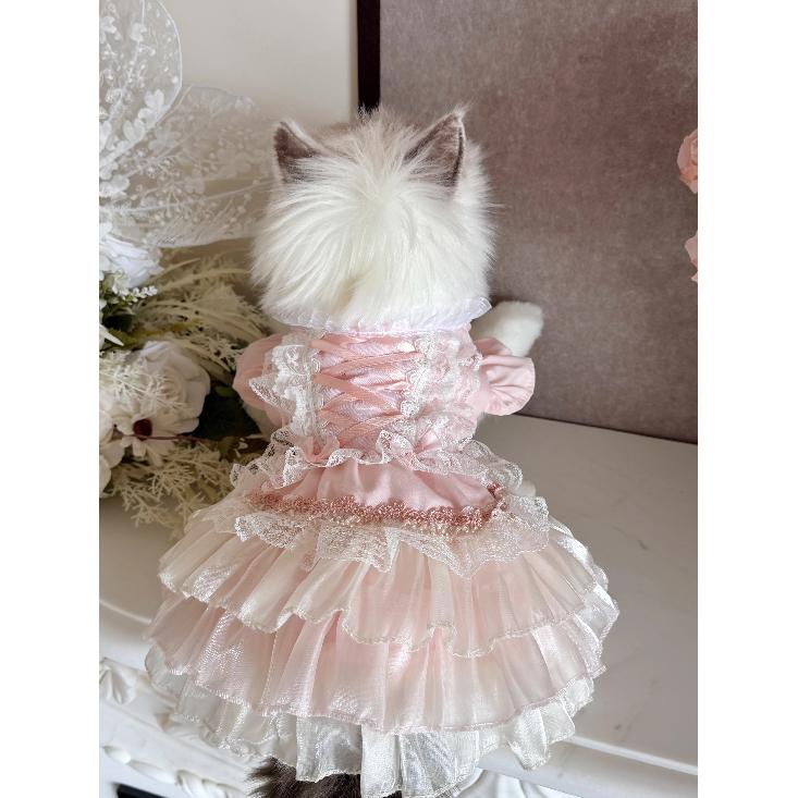 Korean Pink Lovely Pet Dog Clothes Simple Handmade Cotton Lace Party Princess Dresses for Small Medium Dog Poodle Puppy Overalls