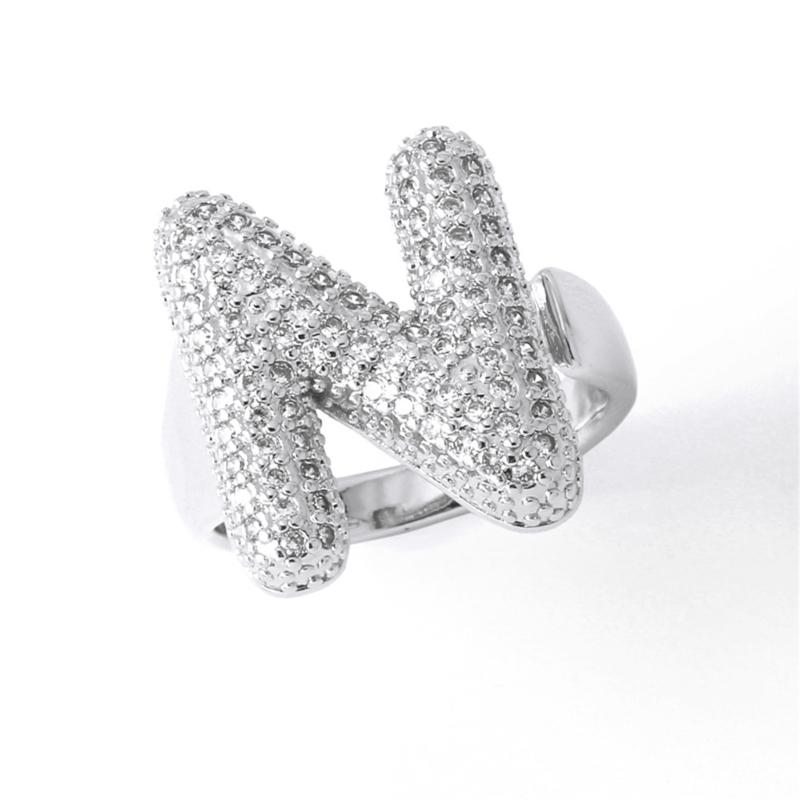 Letter Design Ring with Clear Stone Detail, Copper Base Fashion Jewelry for Daily Outfits, Party Styling and Gifts