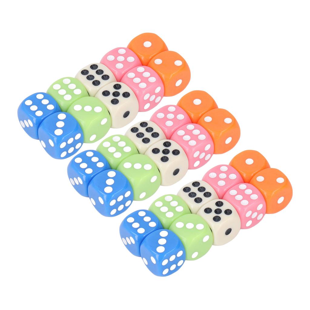 30PCS Colored Dice Set Plastic 6 Sided Standard Game Dice for Kids Classroom Math Learning White Blue Orange Pink Green
