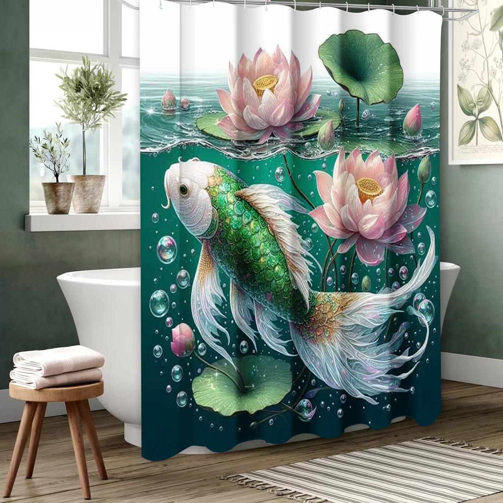 Lotus Fishes Pattern Bathing Curtain  Bathroom Shower Curtain Waterproof With 12 Hooks Home Deco Free Ship