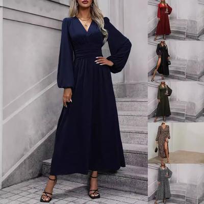 Damen Einfarbig Laternenärmel V-Ausschnitt Hoher Schlitz Elegantes Kleid