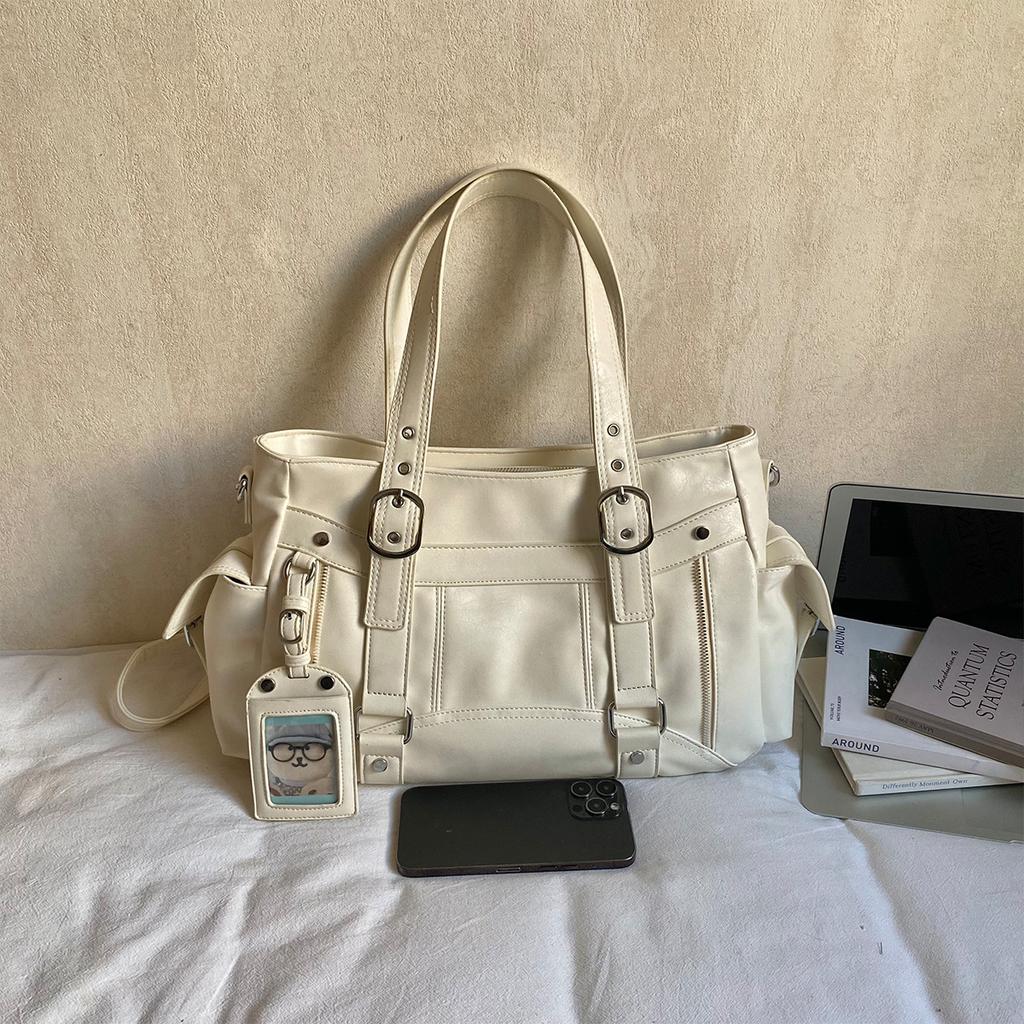 Y2K Style Soft PU Leather Tote Bag Large Capacity Multi-Pocket Shoulder Bag for Daily Shopping