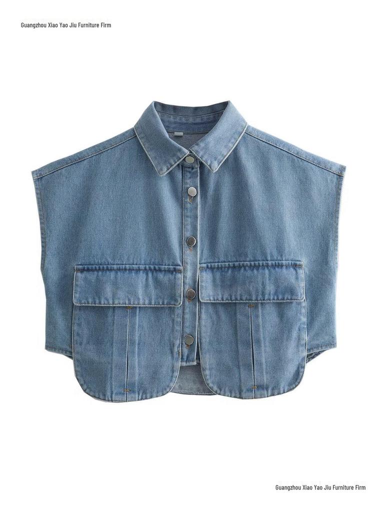 Women's Patchwork Irregular Polo Collar Denim Cardigan Top