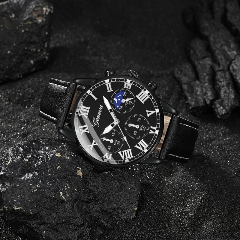 Stylish Men's Quartz Trio Watch Round Case PU Leather Strap Alloy Case Electronic Drive - 3 Piece Combination Watch
