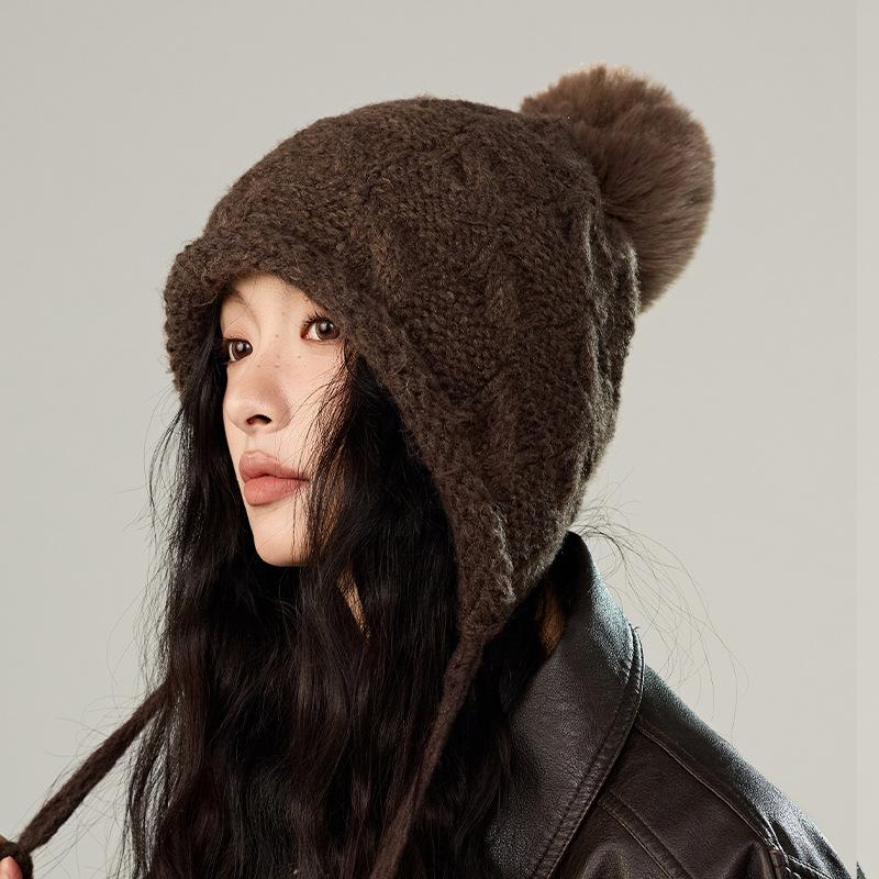 Winter Solid Color Fringed Hairball Knitted Hat Women's Wool Hat Fashion Ear Hat