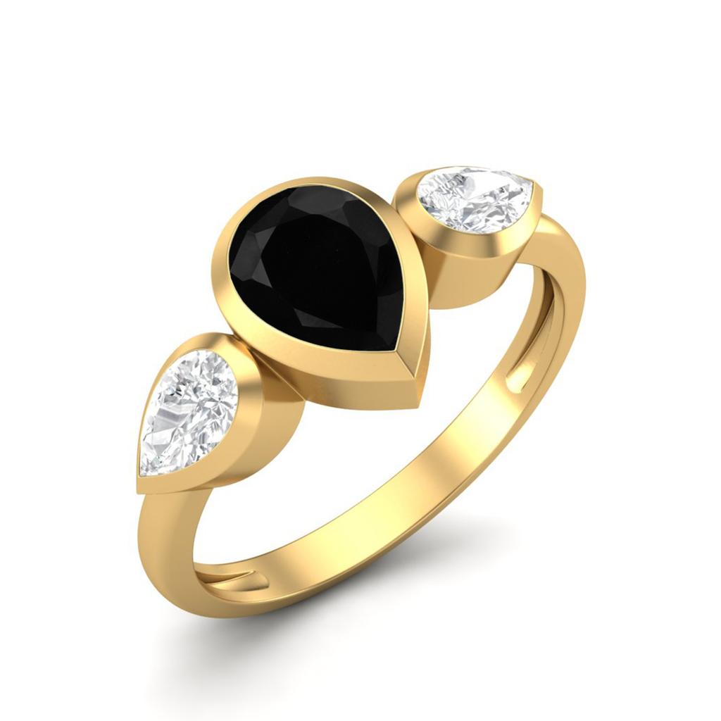 Pear Shape Black Spinel Gemstone Gold Plated 925 Sterling Silver Ring