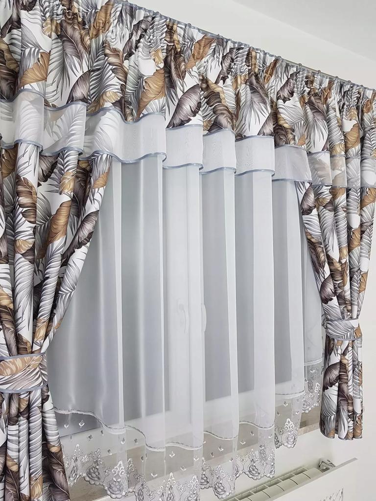 Ready-made Curtain with Drapes and Embroidery - Gray-brown