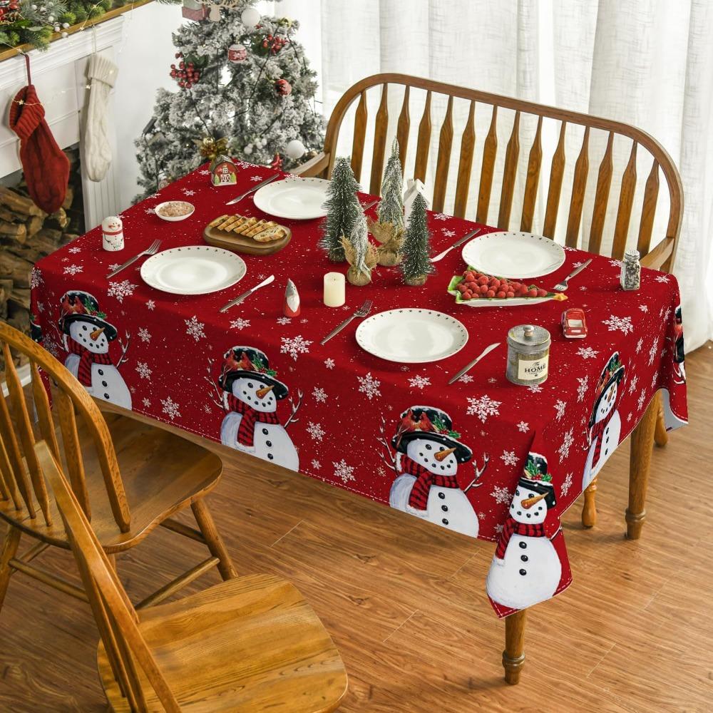 Christmas Polyester Tablecloth Snowman Print Lightweight Stain Resistant Dining Decor Long Table Cover