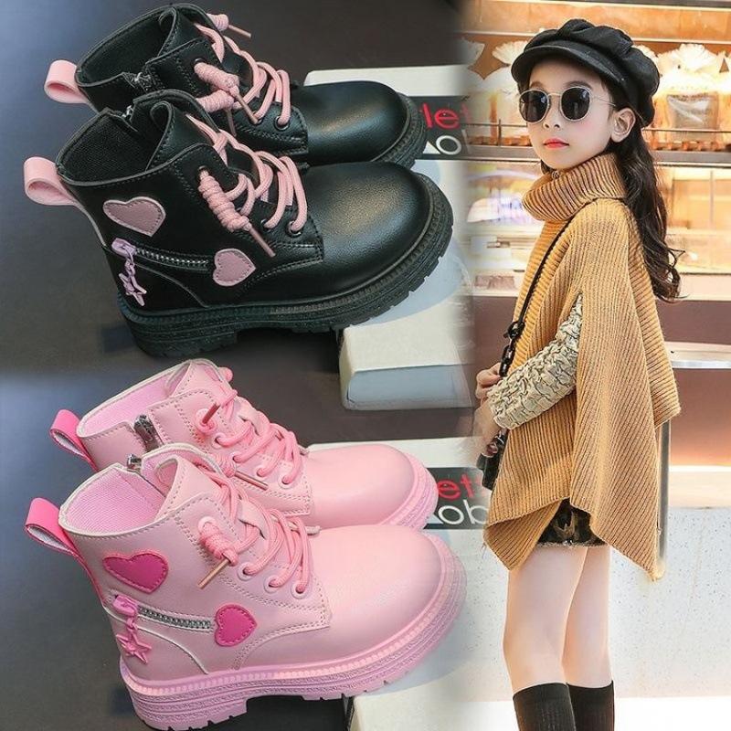 Fashion Girls Boots Kids Fashion Rubber Boots Cool Girl Autumn and Winter Cotton Soft Sole Pink with Love Side Zip Princess Round-toe PU