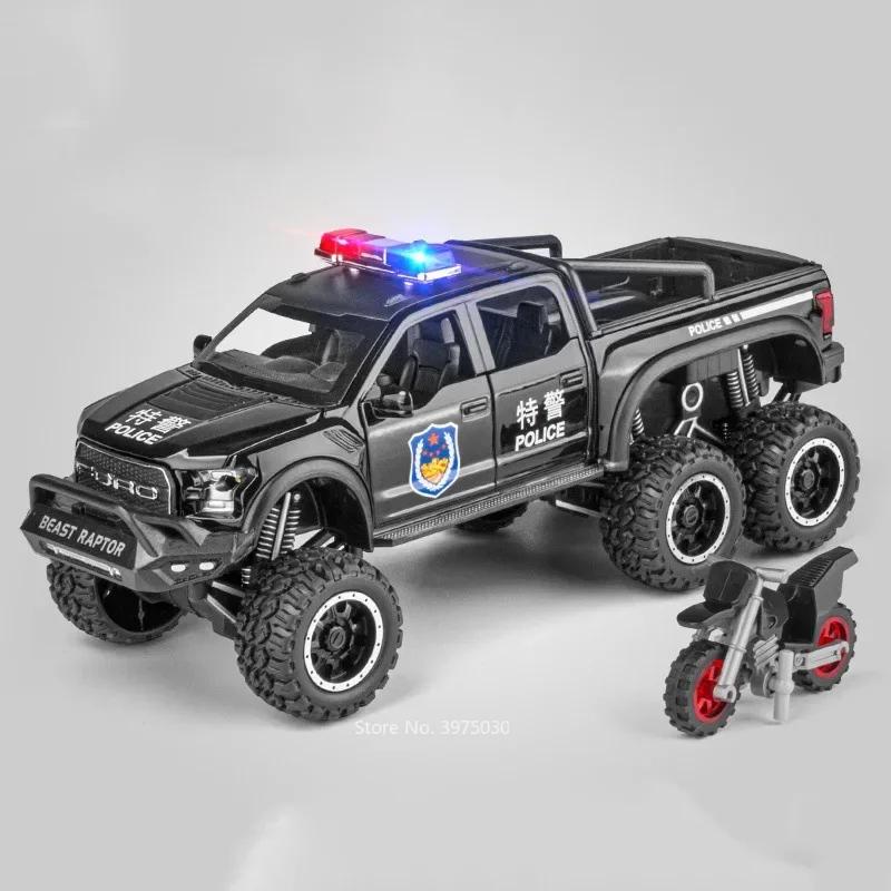 1:28 Raptor F-150 Police Car Off Road Toy Model Alloy Diecast Doors Opened Pull Back 6 Wheels SUV Vehicles for Collectible Gifts